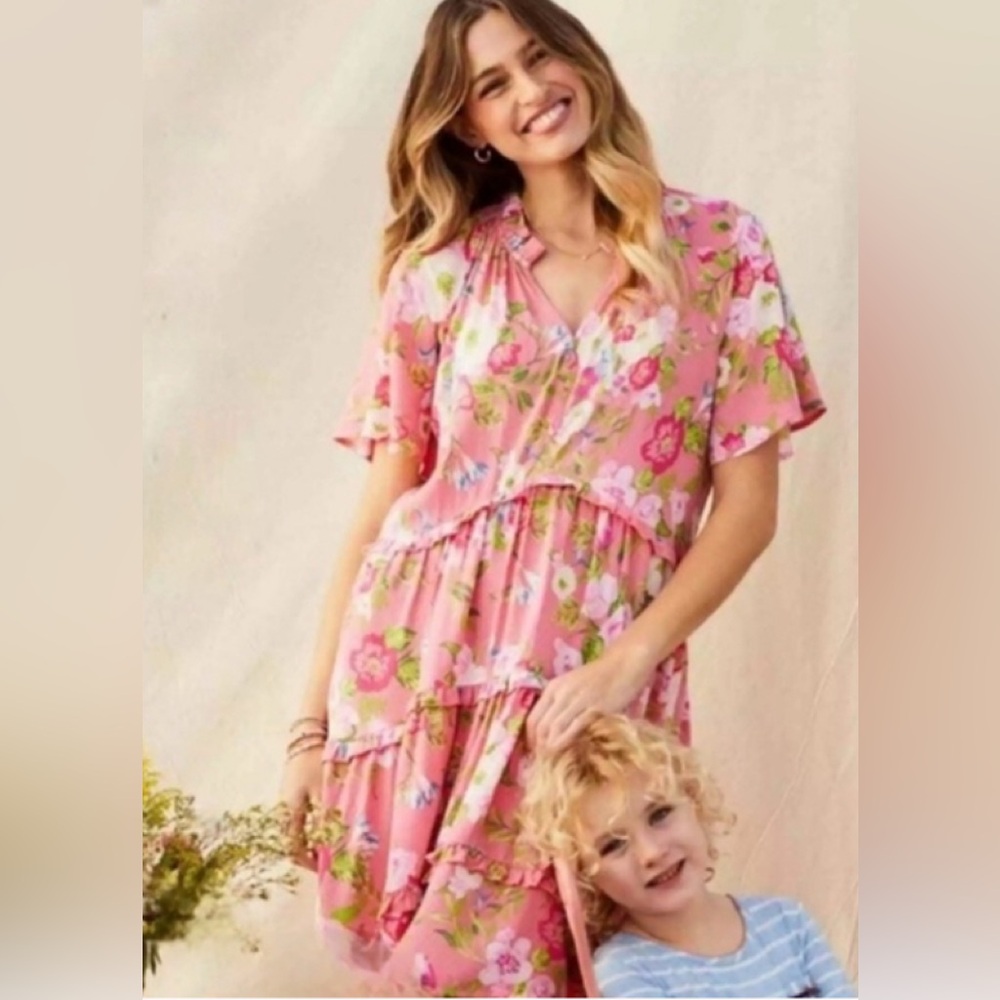 Matilda Jane Enchanted gardens fresh floral pink ruffle swing dress small
